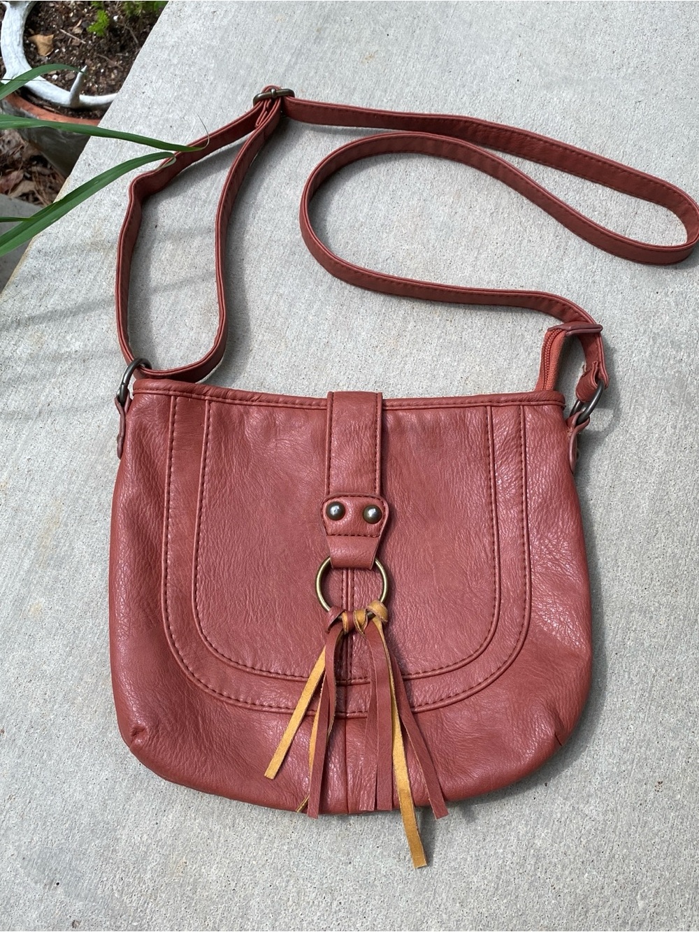 Yoki Cognac Rust Orange Vegan Leather Crossbody Bag with Tassel Detail